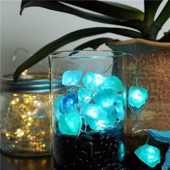 Natural Fluorite String Lights Battery Operated with Remote Sea Glass Raw Stones - Picture 3 of 6